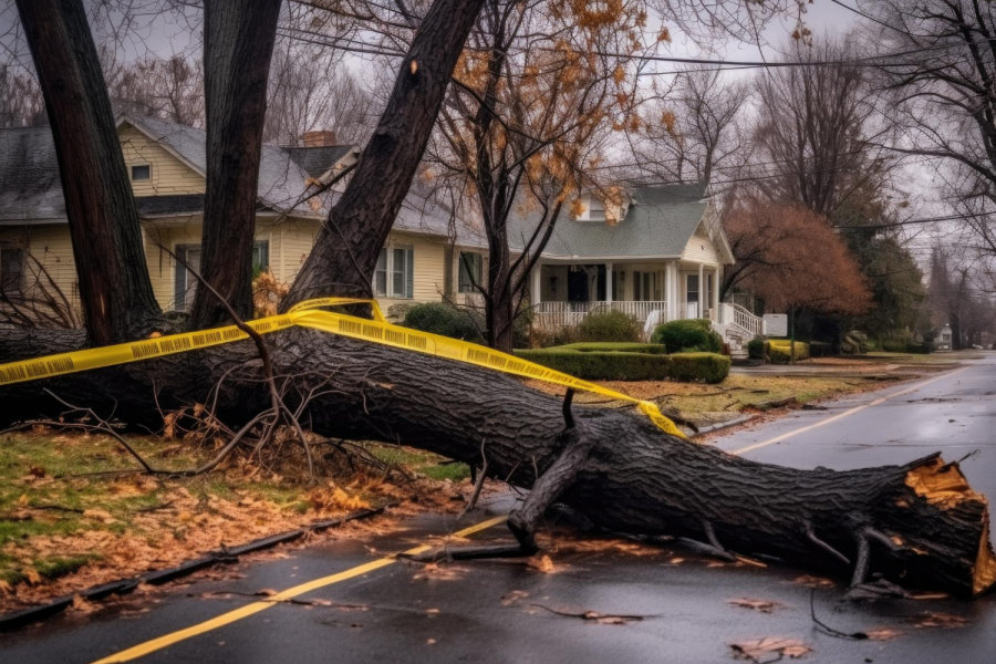 A fallen tree on the road after storm