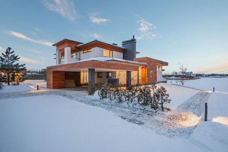 Cottage Snow Covered Lawn