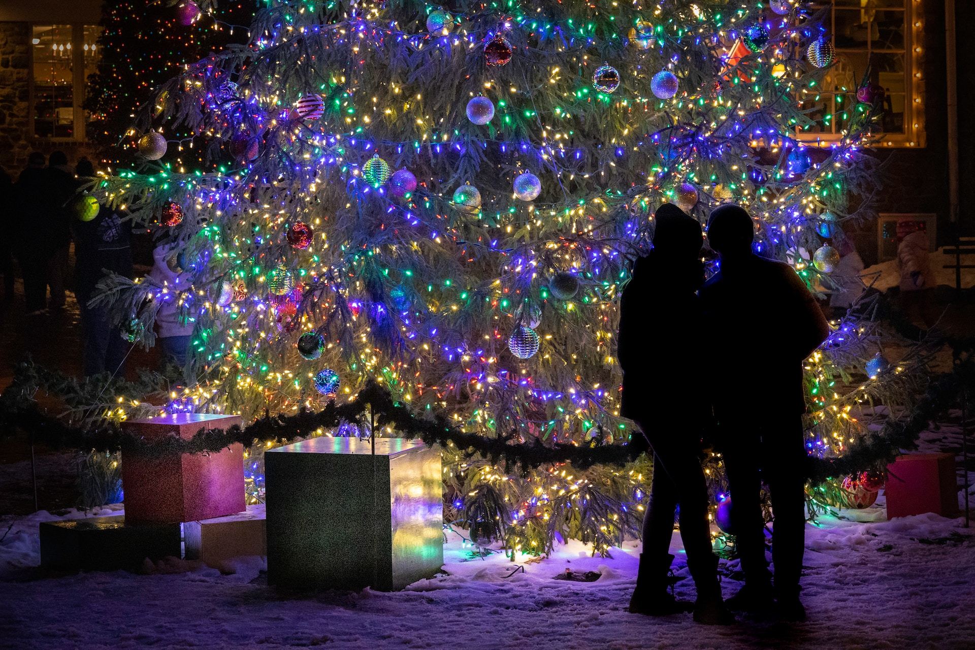 Two People Standing In Front Of Beautifully Light Decorated Christmas Tree