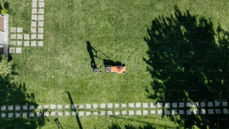 Overhead view of a person mowing a residential lawn with a push mower, casting a long shadow on the grass.