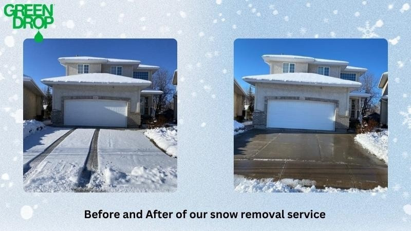 Before and after comparison of a driveway cleared by Green Drop’s professional snow removal team, showing clean pavement after a heavy snowfall.