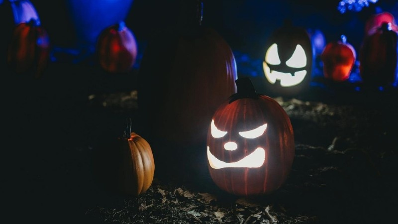 Glowing jack-o’-lantern pumpkins lit up at night, creating a spooky Halloween outdoor display.