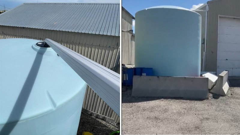 Dual view of Green Drop’s large rainwater collection tank in Calgary, connected to the equipment barn to capture and store runoff water.