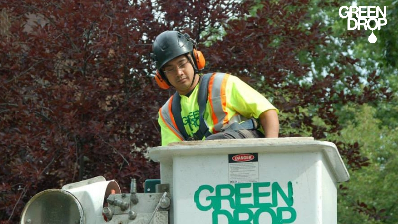 Green Drop worker on a lift in Edmonton