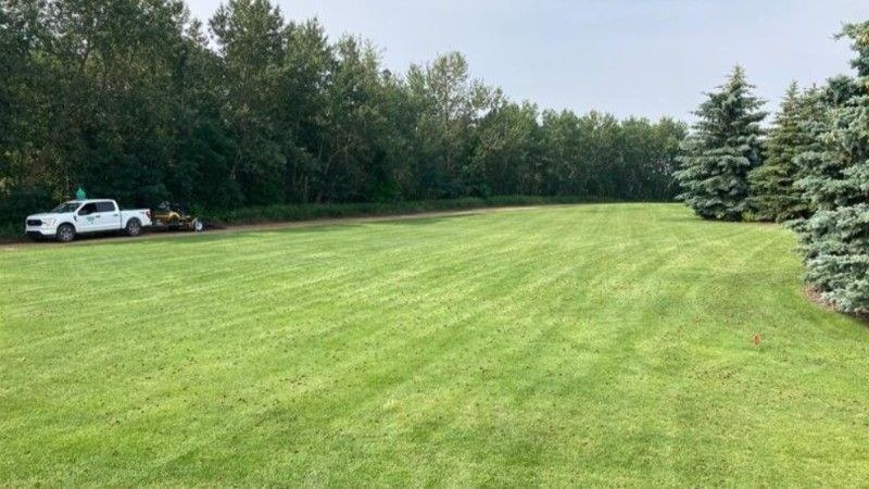 A freshly mowed large estate lawn with a Green Drop service truck parked along the treeline.
