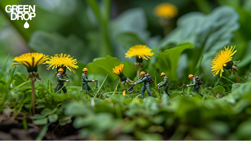 Green Drop miniatures next to dandelion weeds