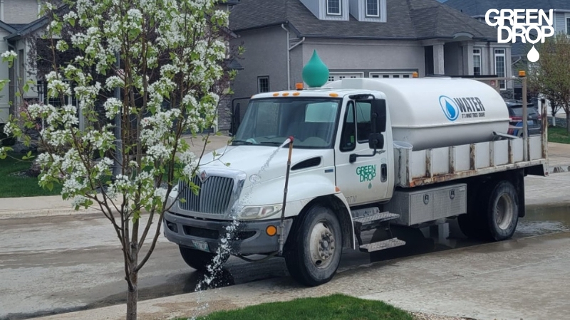 Green Drop Truck Watering a tree in Regina
