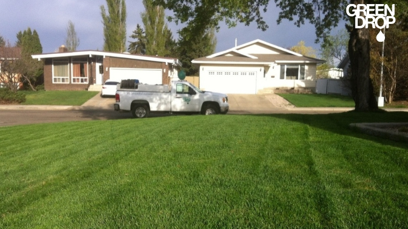 Green Drop weed control truck parked next to a lawn