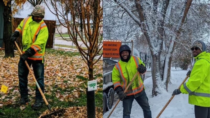 Green Drop Workers Raking