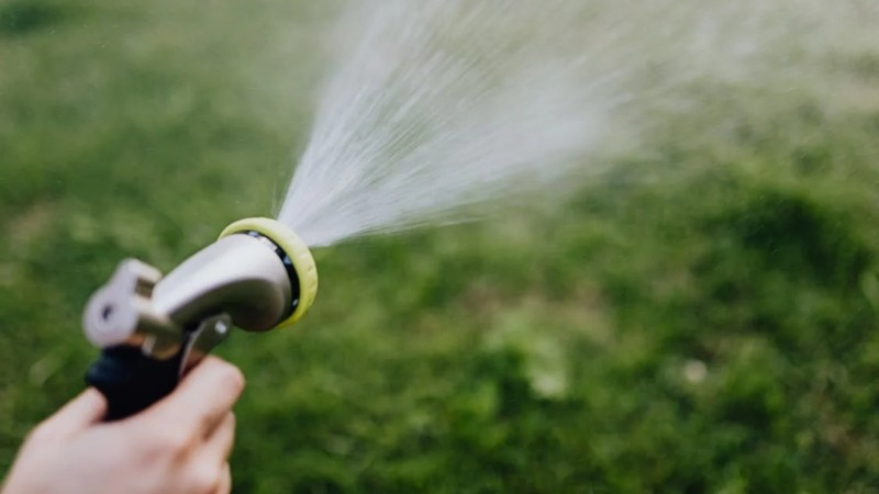 A close-up of a garden hose nozzle spraying water over grass, demonstrating proper lawn watering technique.