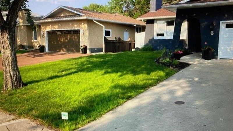 A vibrant green front lawn after proper lawn care and overseeding, beside a clean driveway.