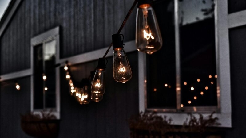Lights on a string in a yard