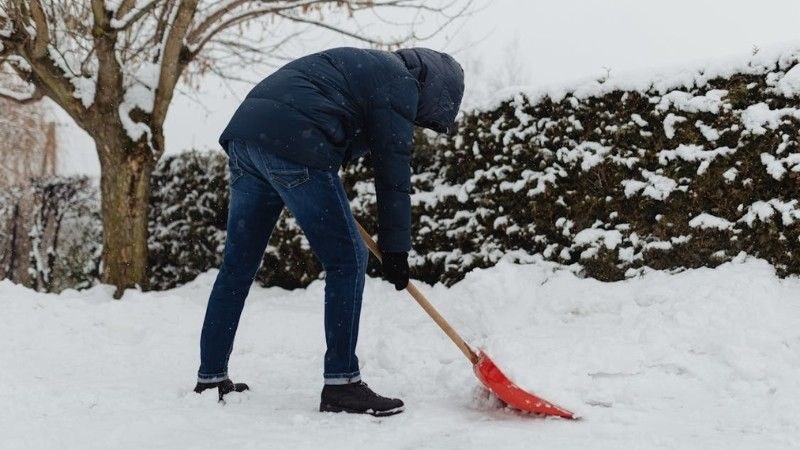 Man in a winter jacket shovelling snow with a red shovel, showing the physical strain and risks of snow removal during cold weather.