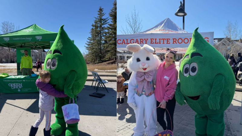Green Drop mascot, Easter Bunny, and families celebrating at the Mackenzie Towne Easter Egg Hunt
