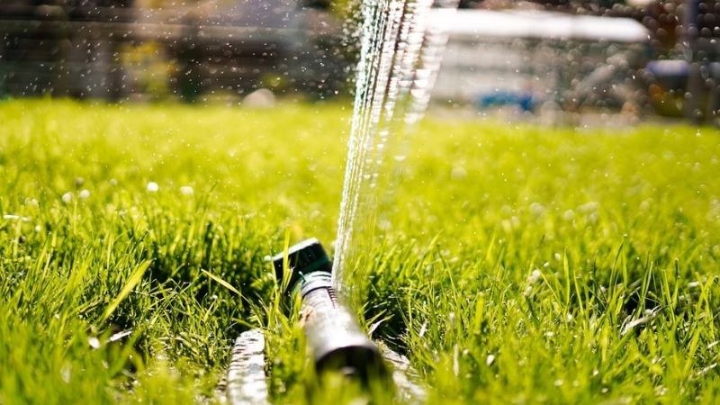 Ground sprinkler spraying water across a green lawn in sunlight